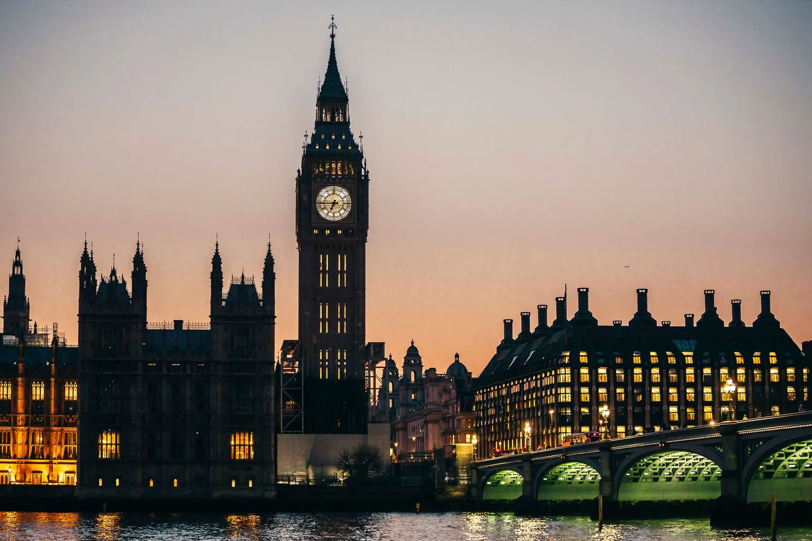 Big Ben and Westminster Bridge at twilight in London
